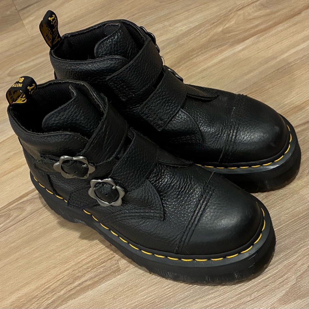 Dr. Martens Black Leather Platform Boots - Devon Flower Buckle